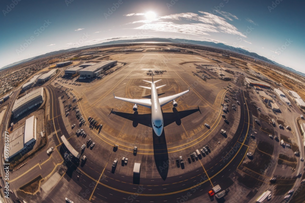 Airport with Plane, Shot From Drone Overhead, Fish Eye Lens. Generative Ai