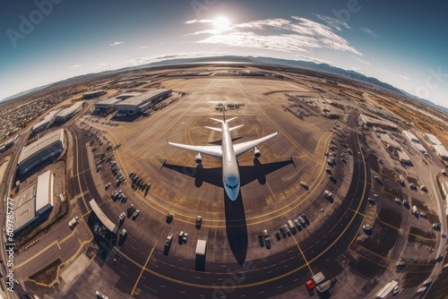 Airport with Plane, Shot From Drone Overhead, Fish Eye Lens. Generative Ai