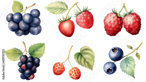 berry collection in watercolor style, isolated on a transparent background for design layouts
