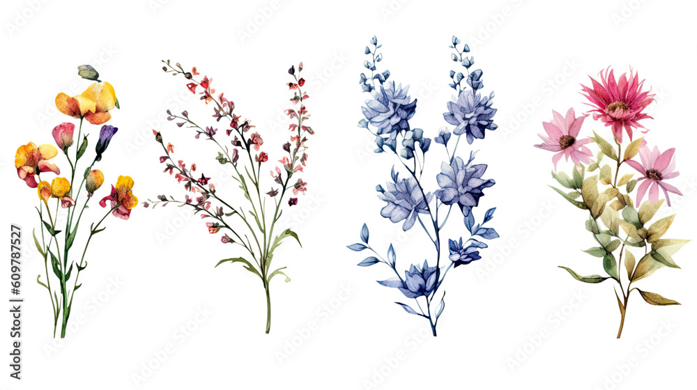 wildflower corner ornaments in watercolor style, isolated on a transparent background for design layouts