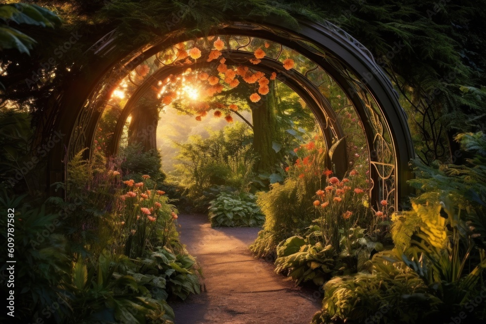 Magical sunset casting a golden glow over a secluded fairytale garden, where whimsical creatures gather under enchanting flower arches. Generative AI