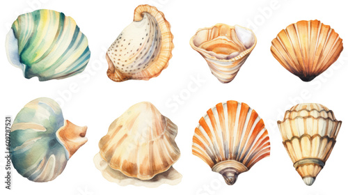 watercolor seashells in watercolor style, isolated on a transparent background for design layouts