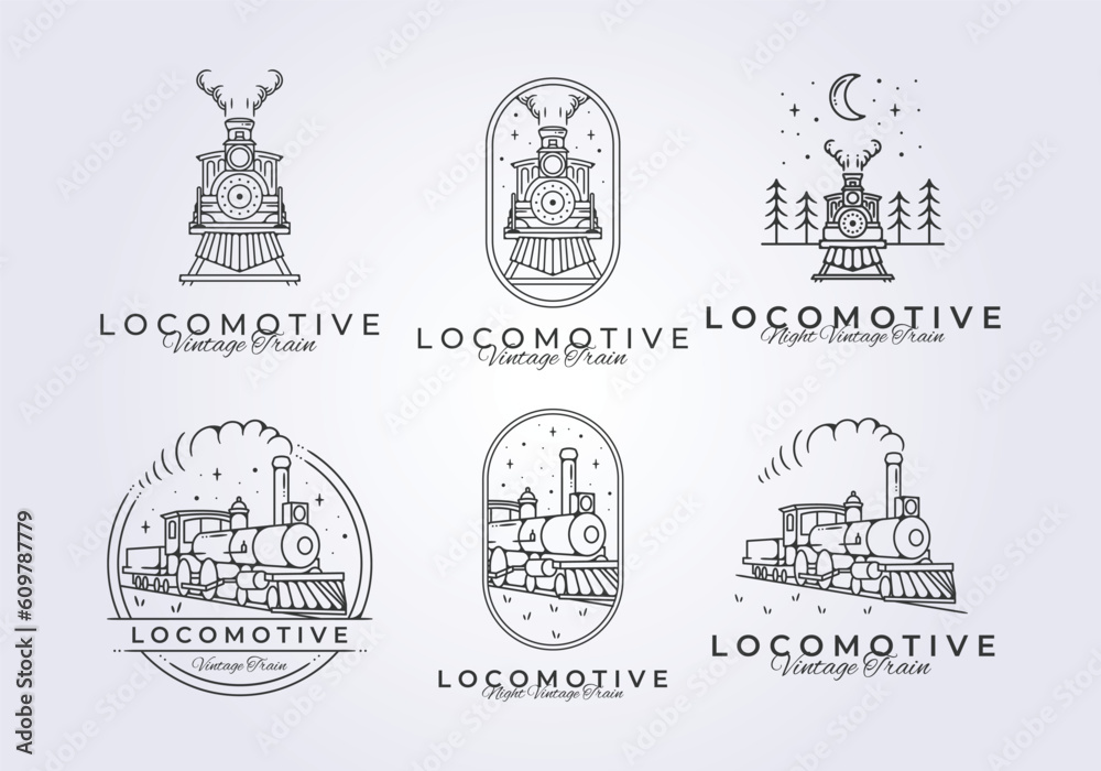 set of vintage train locomotive logo vector illustration design, hogwarts express graphic template icon - obrazy, fototapety, plakaty 