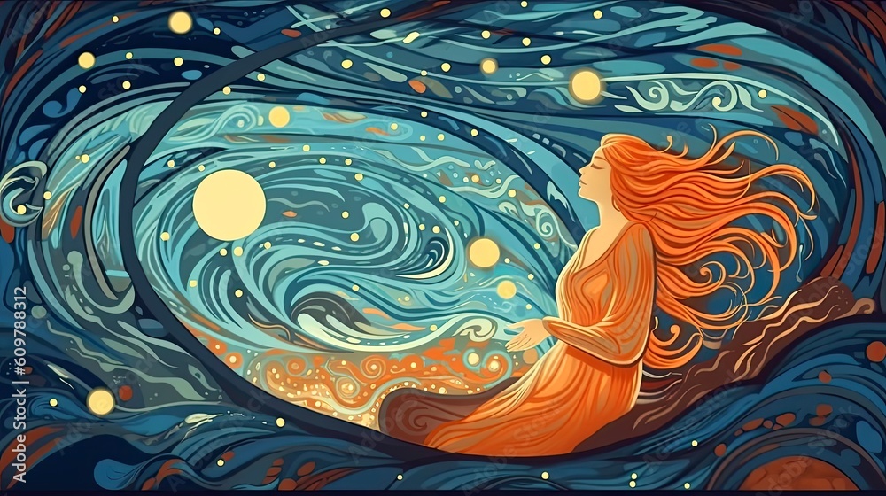 Peaceful woman with third eye employs intuition in decisions. Psychic girl considers mind and heart. Spirituality, esotericism. illustration in cartoon style, Generative AI illustration Peaceful woman with third eye employs intuition in decisions. Psychic girl considers mind and heart. Spirituality, esotericism. illustration in cartoon style, Generative AI illustration