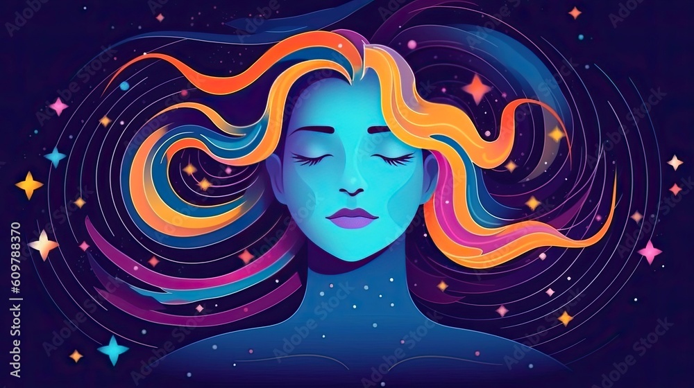 Peaceful woman with third eye employs intuition in decisions. Psychic girl considers mind and heart. Spirituality, esotericism. illustration in cartoon style, Generative AI illustration Peaceful woman with third eye employs intuition in decisions. Psychic girl considers mind and heart. Spirituality, esotericism. illustration in cartoon style, Generative AI illustration