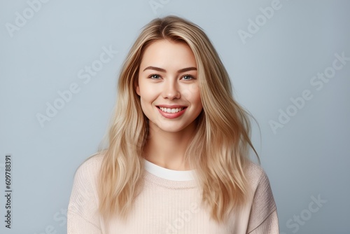 Headshot of a beautiful blond smiling young woman looking at the camera on gray background. Generative AI