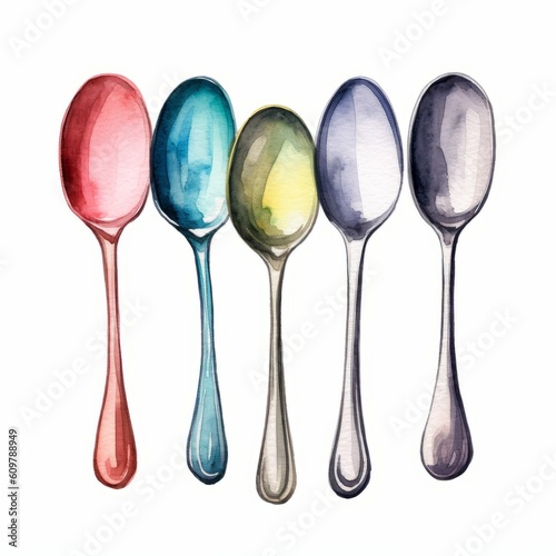 Five Colorful Spoons Isolated on White Background, Watercolor-Style Illustration, Utensils As Metaphor for Chronic Illness [Generative AI] © Visionarily