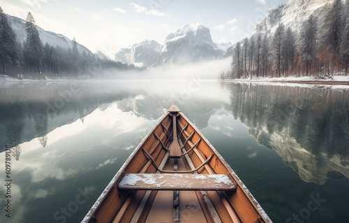 two canoes on a dock in a mountain lake, generative AI