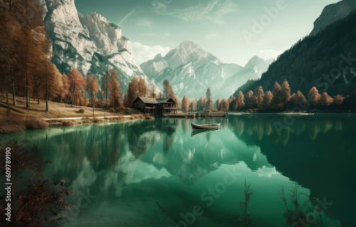 two canoes on a dock in a mountain lake, generative AI © Kien