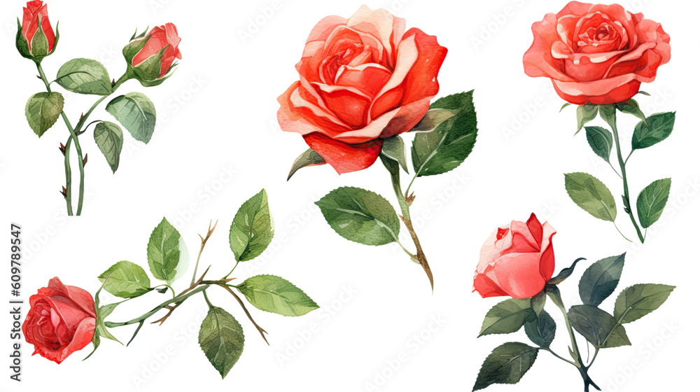 rose in watercolor style, isolated on a transparent background for design layouts