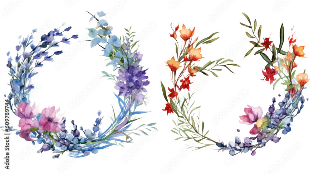 wildflower wreath in watercolor style, isolated on a transparent background for design layouts
