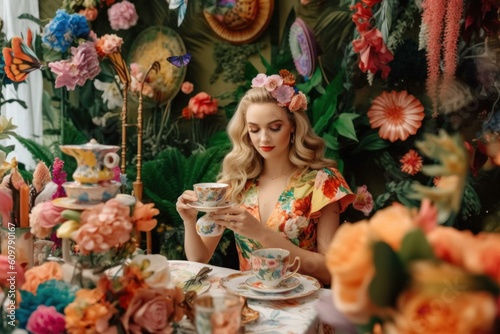 Girl take a tea on whimsical tea party with vibrant flowers and lush greenery cafe. Generative AI