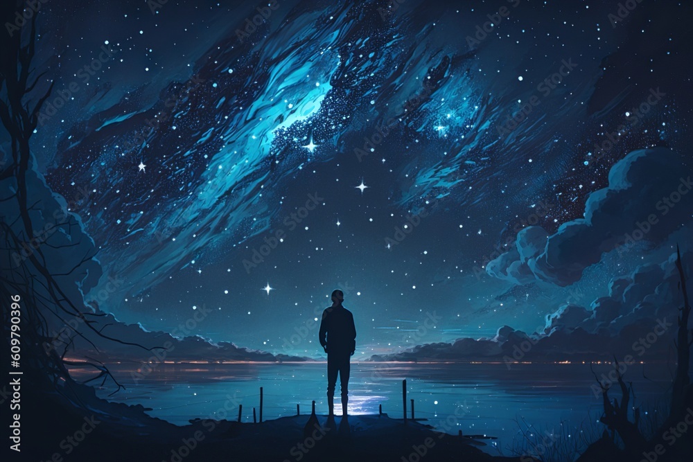 Obraz premium man watching the stars at night, vast sky, generative ai