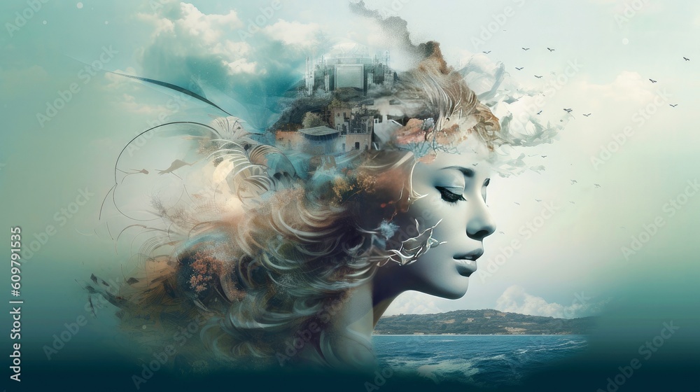 © AITTHIPHONG - Psychic waves experimentation, psychedelia, and bold mental, emotional, and spiritual journey, journey into wellness with psychic waves, Generative AI illustration