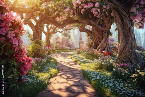 Magical pathway leading to a secret fairytale garden, lined with blooming flowers and vibrant, multi-colored green trees. Fairytale style. Generative AI