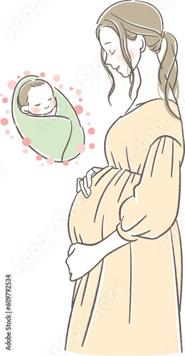 赤ちゃんを想像してお腹に手を当て微笑む妊婦