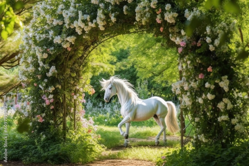 White horse grazing peacefully in a picturesque fairytale garden, surrounded by lush green foliage and whimsical flower arches. Generative AI White horse grazing peacefully in a picturesque fairytale garden, surrounded by lush green foliage and whimsical flower arches. Generative AI