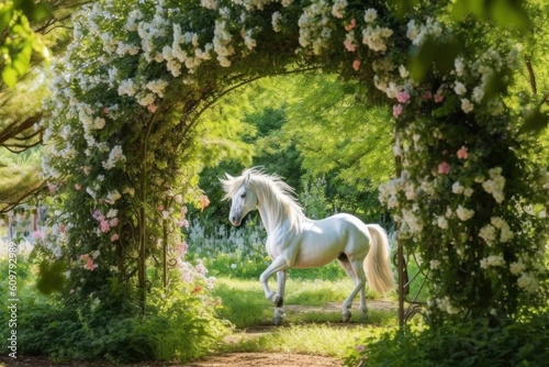 White horse grazing peacefully in a picturesque fairytale garden, surrounded by lush green foliage and whimsical flower arches. Generative AI