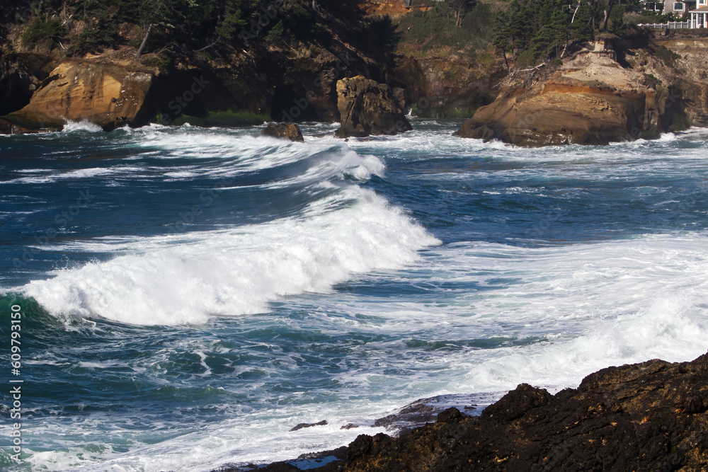 Ocean Swell And Surf With Shore And Trees Ocean Swell And Surf With Shore And Trees