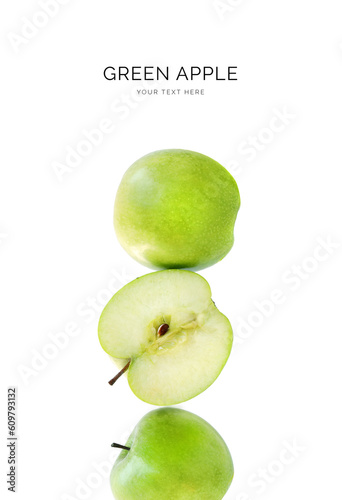 Creative layout made of green apple on white background. Flat lay. Food concept. Macro concept.