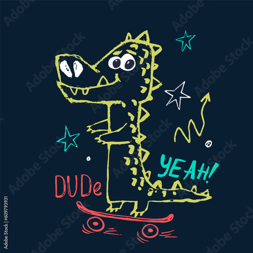 Crocodile on skateboard funny cool summer t-shirt print design. Skater in skatepark. Slogan. Skate safari animal