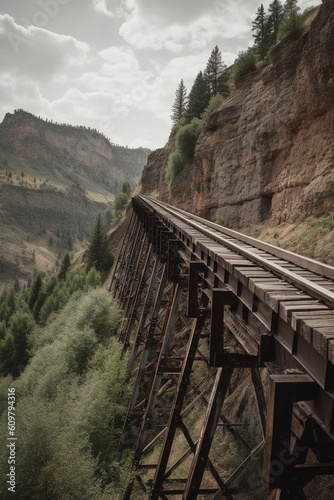 Train tracks bridge on steep cliff Mountain terrain. Generative AI © CLEMERSONDESALES