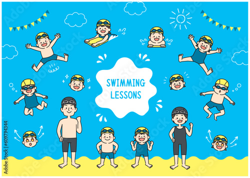 水泳　スイミングスクール　子ども　コーチ　イラスト　セット