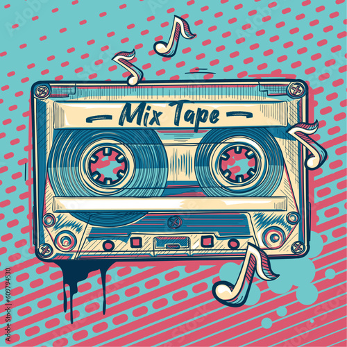 Mix tape - drawn musical audio cassete music design