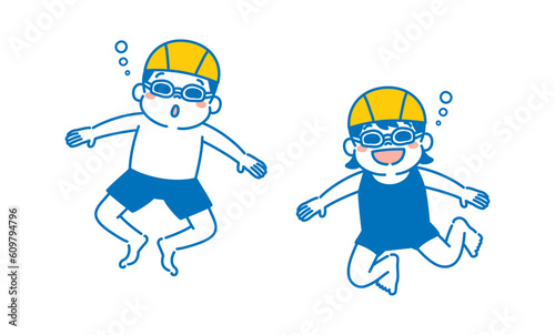 楽しそうに潜る水着を着た子どものイラスト　水泳教室　シンプル