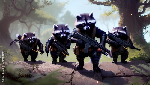 Racoon soldiers in the forest