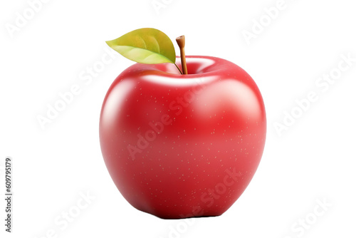 A ripe apple with a leaf still attached 