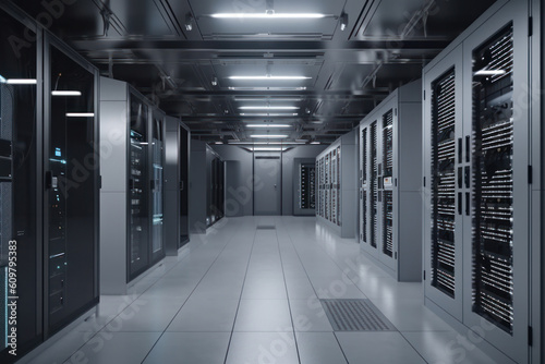 Aisle of servers in a data center hallway, neatly arranged and ready for use. The modern infrastructure ensures fast and reliable performance. Is AI Generative.