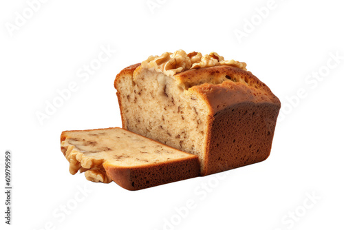 A slice of banana bread with visible walnut pieces

