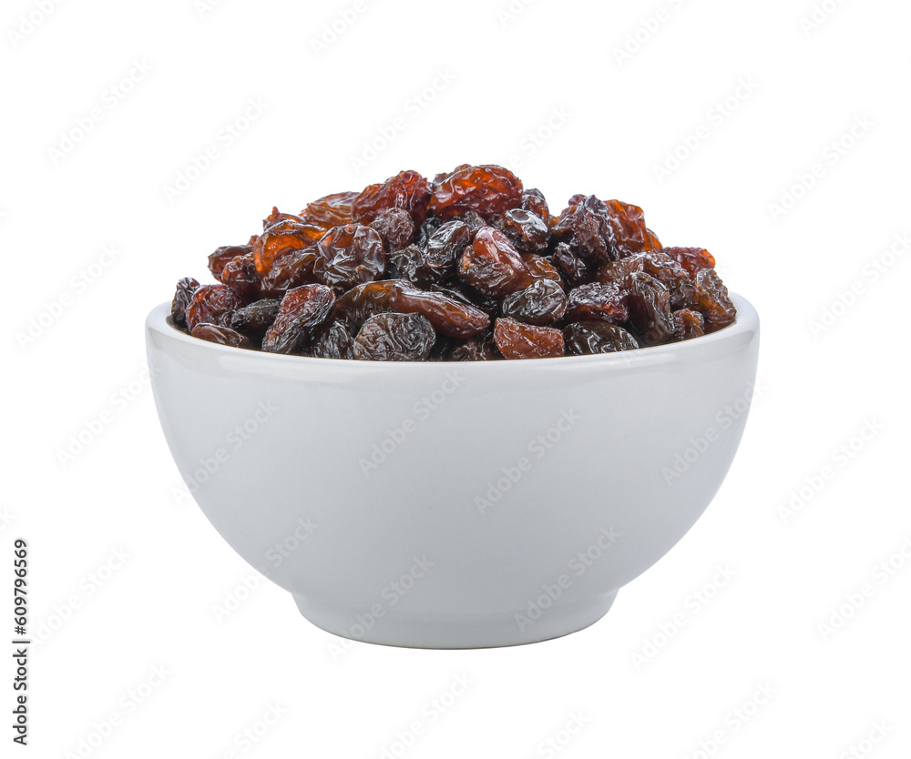 Black raisin on white bowl isolated on transparent png Black raisin on white bowl isolated on transparent png