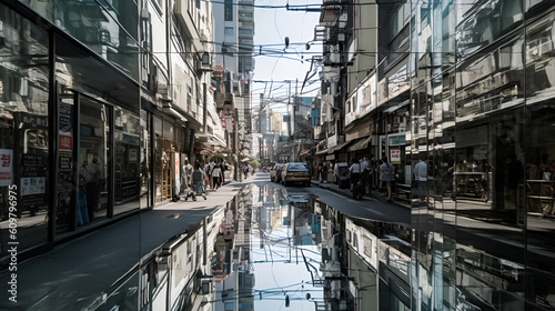Tokyo city streets appear to be made of glass causing a cascade of reflections, Generative AI