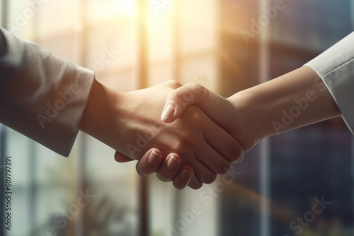 Business and financial concept. Two businesswomen handshake in cityscape background. Generative AI