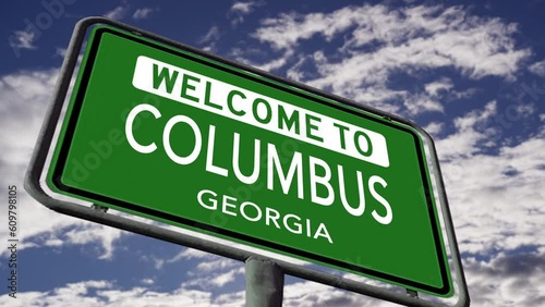 Welcome to Columbus, Georgia. USA City Road Sign Close Up Realistic 3d Animation photo