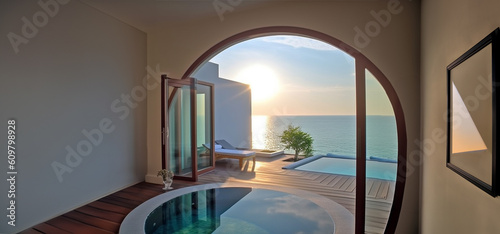 Generative AI photo. Looking out from the pool villa to the clear open ocean. Luxury and private view.