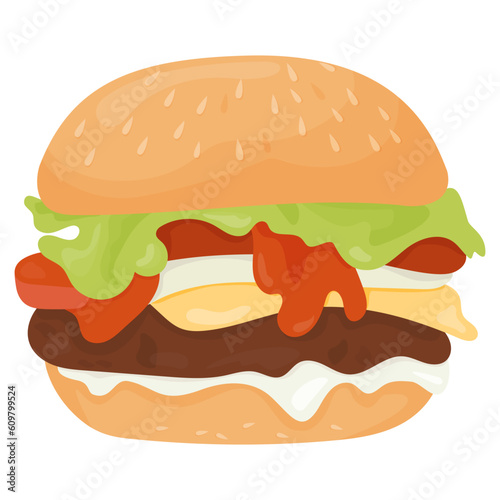 Big appetizing hamburger. Vector illustration. Fast food closeup in flat cartoon style.