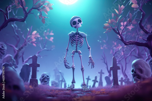 Halloween concept. 3d cartoon cute zombie at night background. Generative ai.