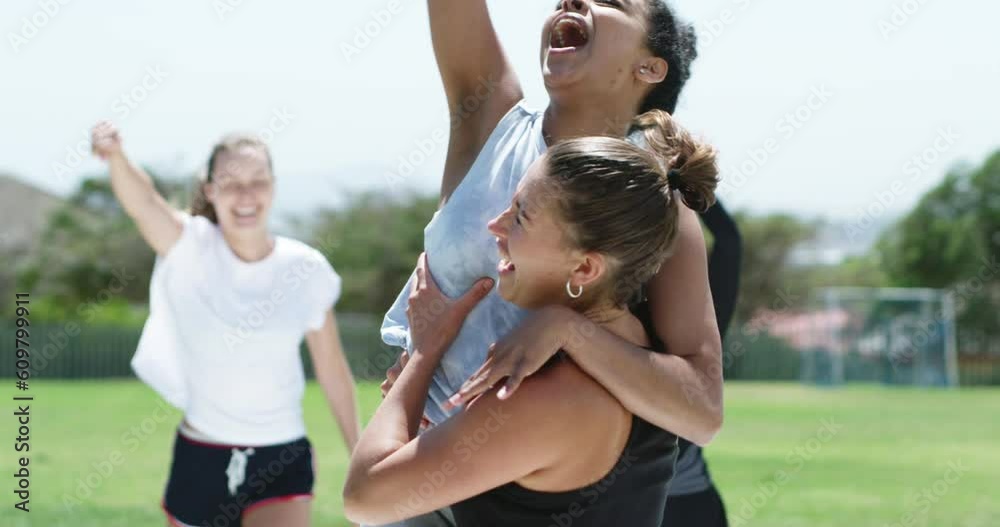 Sports, soccer team and women celebrate goal or win outdoor on field with friends for support. Female football players on a pitch for competition, diversity or teamwork celebration for game win