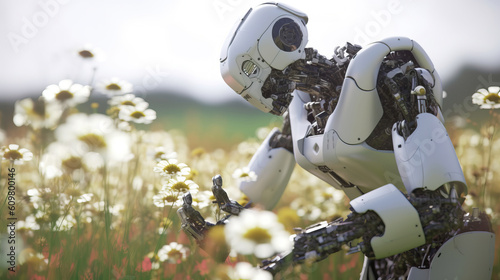 A humanoid robot smelling a white flowers in a flower field.