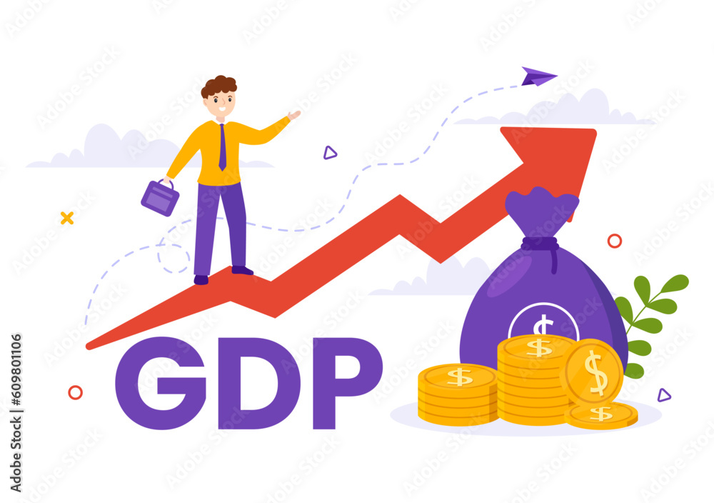 GDP or Gross Domestic Product Vector Illustration with Economic Growth Column and Market Productivity Chart in Flat Cartoon Hand Drawn Templates GDP or Gross Domestic Product Vector Illustration with Economic Growth Column and Market Productivity Chart in Flat Cartoon Hand Drawn Templates