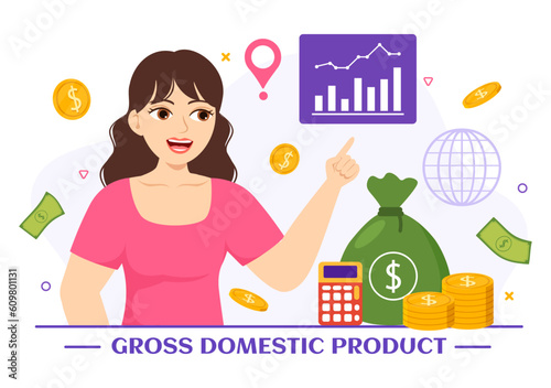 GDP or Gross Domestic Product Vector Illustration with Economic Growth Column and Market Productivity Chart in Flat Cartoon Hand Drawn Templates