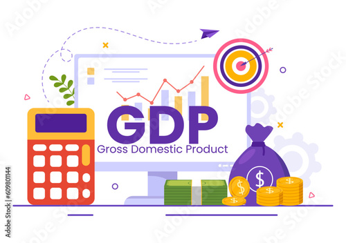 GDP or Gross Domestic Product Vector Illustration with Economic Growth Column and Market Productivity Chart in Flat Cartoon Hand Drawn Templates