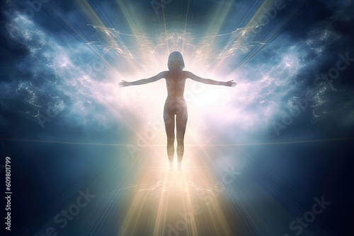 Silhouette of a woman in the clouds emitting bright light. Afterlife, state of mind, meditation, esoteric and spiritual life. Generative AI. 