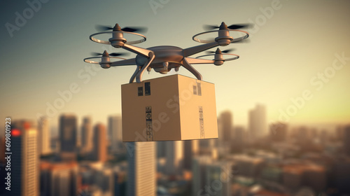 Flying drone delivers a package.