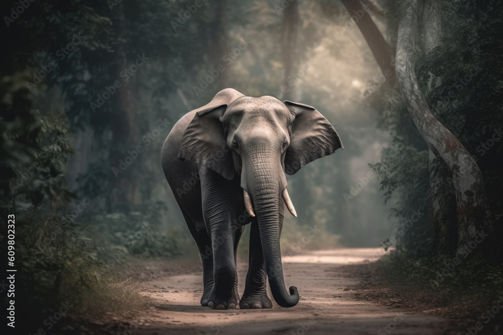 Fototapeta premium an elephant strolling along a path in a lush forest Generative AI