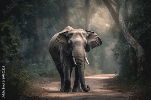 an elephant strolling along a path in a lush forest Generative AI