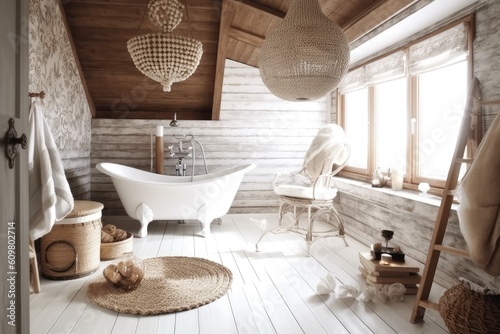 Rustic Bathroom with a Claw Foot Tub and Wooden Walls Generative AI
